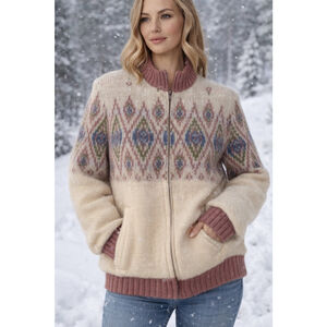 Vintage Alafoss of Iceland Nordic Women’s Zip-Up Sweater Coat Diamond Icewool